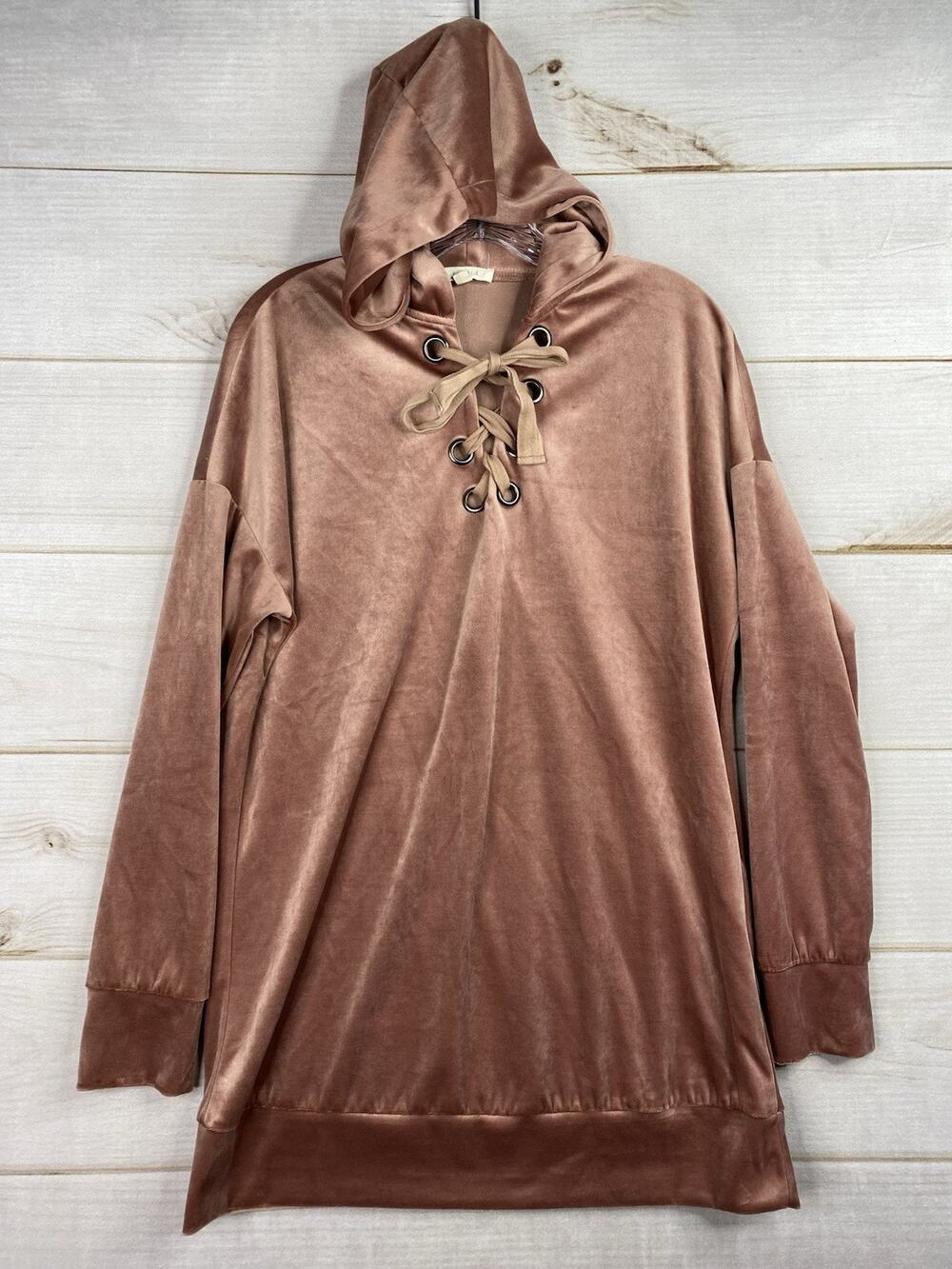 Illa Illa Knit Pullover Sweater Hoodie Womens L Pink Velvet Tunic Lace Up Top